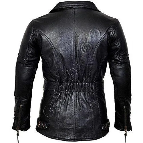 3/4 Eddie Black Mens Long Leather Biker Jacket Motorcycle