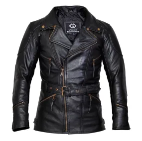 3/4 Eddie Black Mens Long Leather Biker Jacket Motorcycle