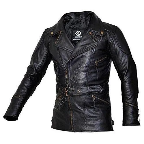 3/4 Eddie Black Mens Long Leather Biker Jacket Motorcycle