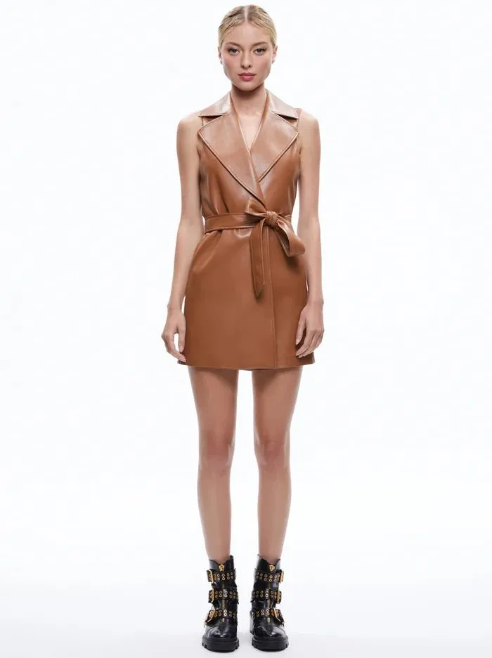 Alice + Olivia Rozlynn Vegan Leather Long Belted Vest in Camel