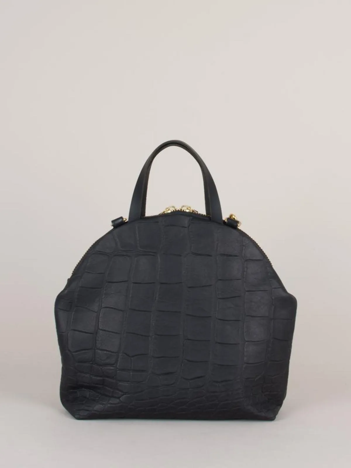 Anni Large Black Croc Embossed with Front Zipper Shoulder Bag - Black