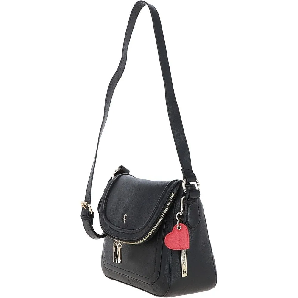 Ashwood Ladies Large Flap Over Leather Shoulder Bag Black: J-16