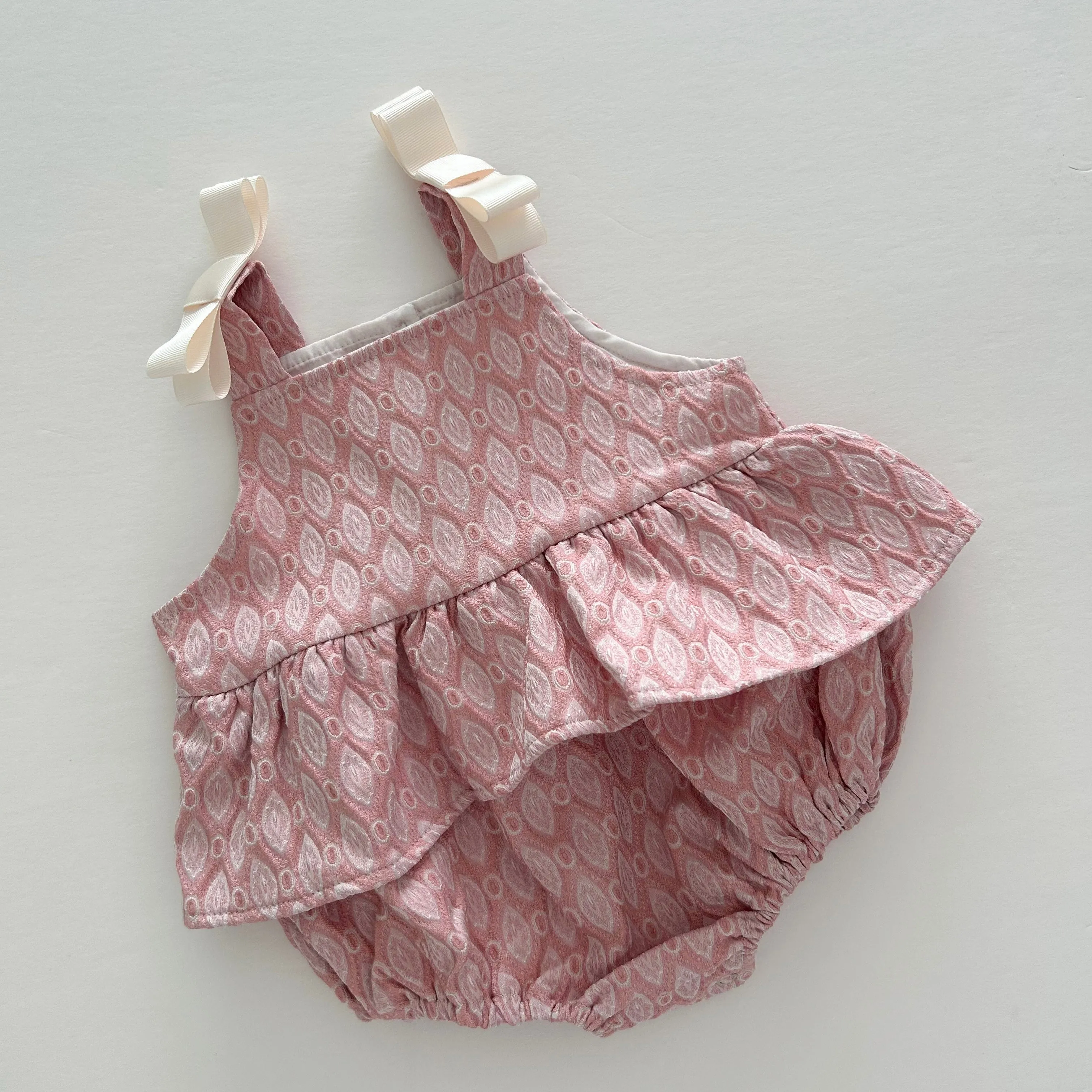 Baby Ann Shoulder Bow Jacquard Ruffle Romper (6-18m) - 2 Colors