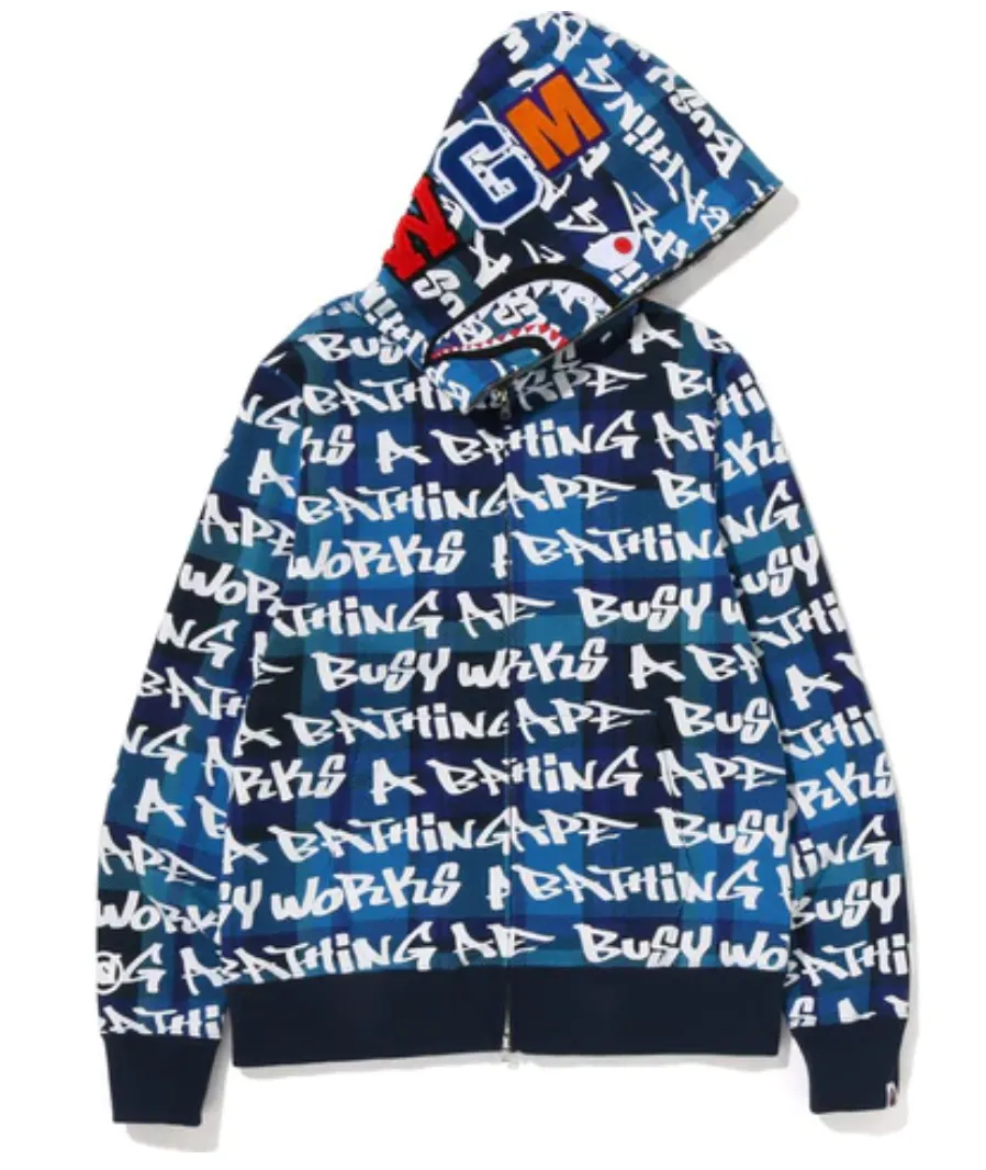 BAPE Graffiti Check Shark Full Zip Hoodie 'Blue'