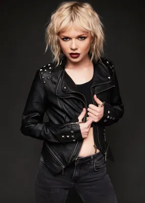 Black Faux Leather Biker Moto Jacket with Studs