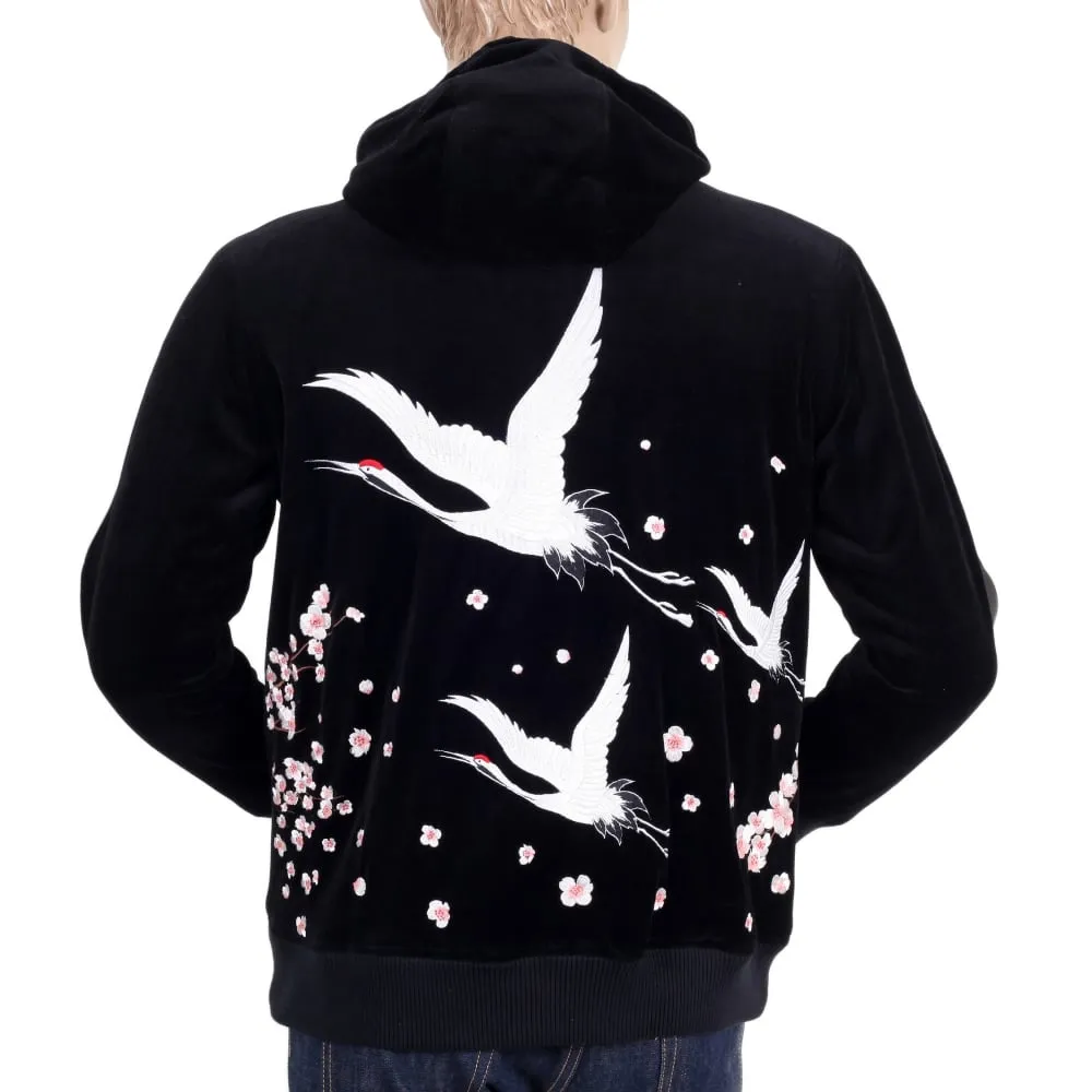 Black Hooded Regular Fit Embroidered Sakura Flower and Crane Jacket