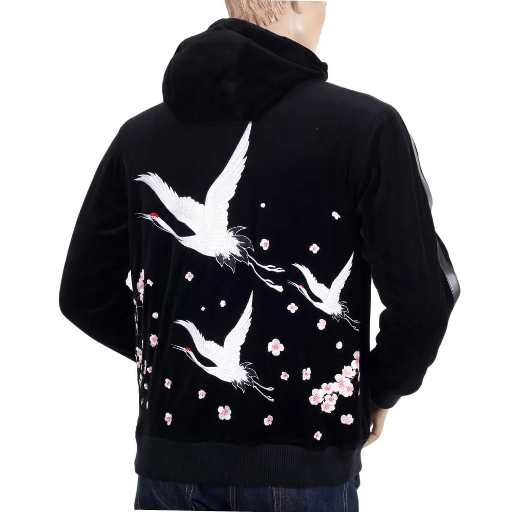 Black Hooded Regular Fit Embroidered Sakura Flower and Crane Jacket