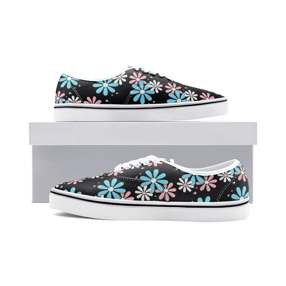 Blue Pink White Big Daisies Pride Black Canvas Low Cut Sneakers