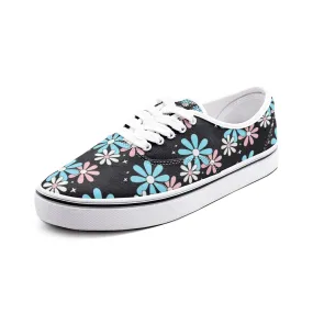 Blue Pink White Big Daisies Pride Black Canvas Low Cut Sneakers