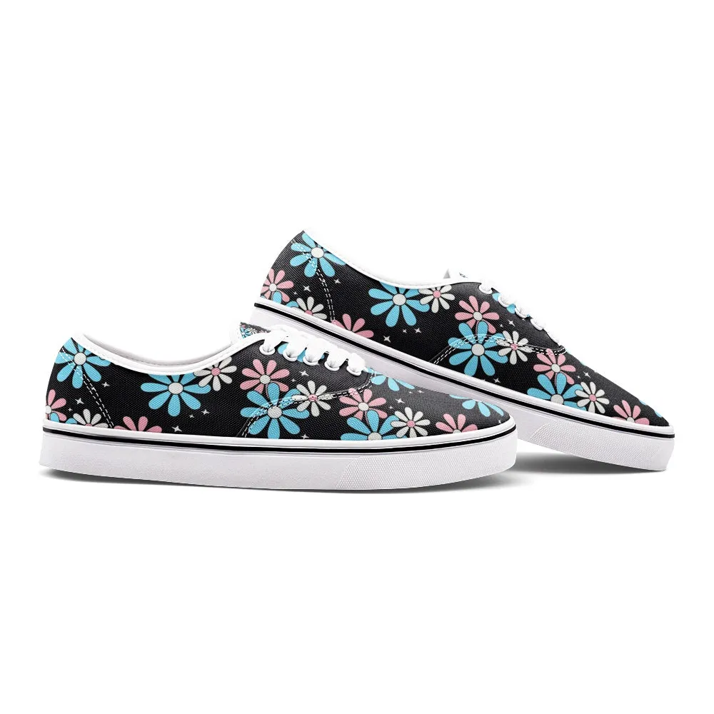 Blue Pink White Big Daisies Pride Black Canvas Low Cut Sneakers