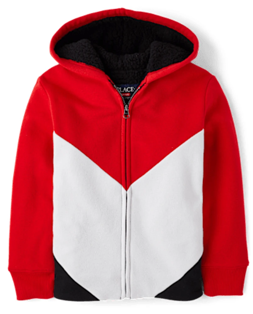 Boys Colorblock Fleece Sherpa Lined Zip Up Hoodie