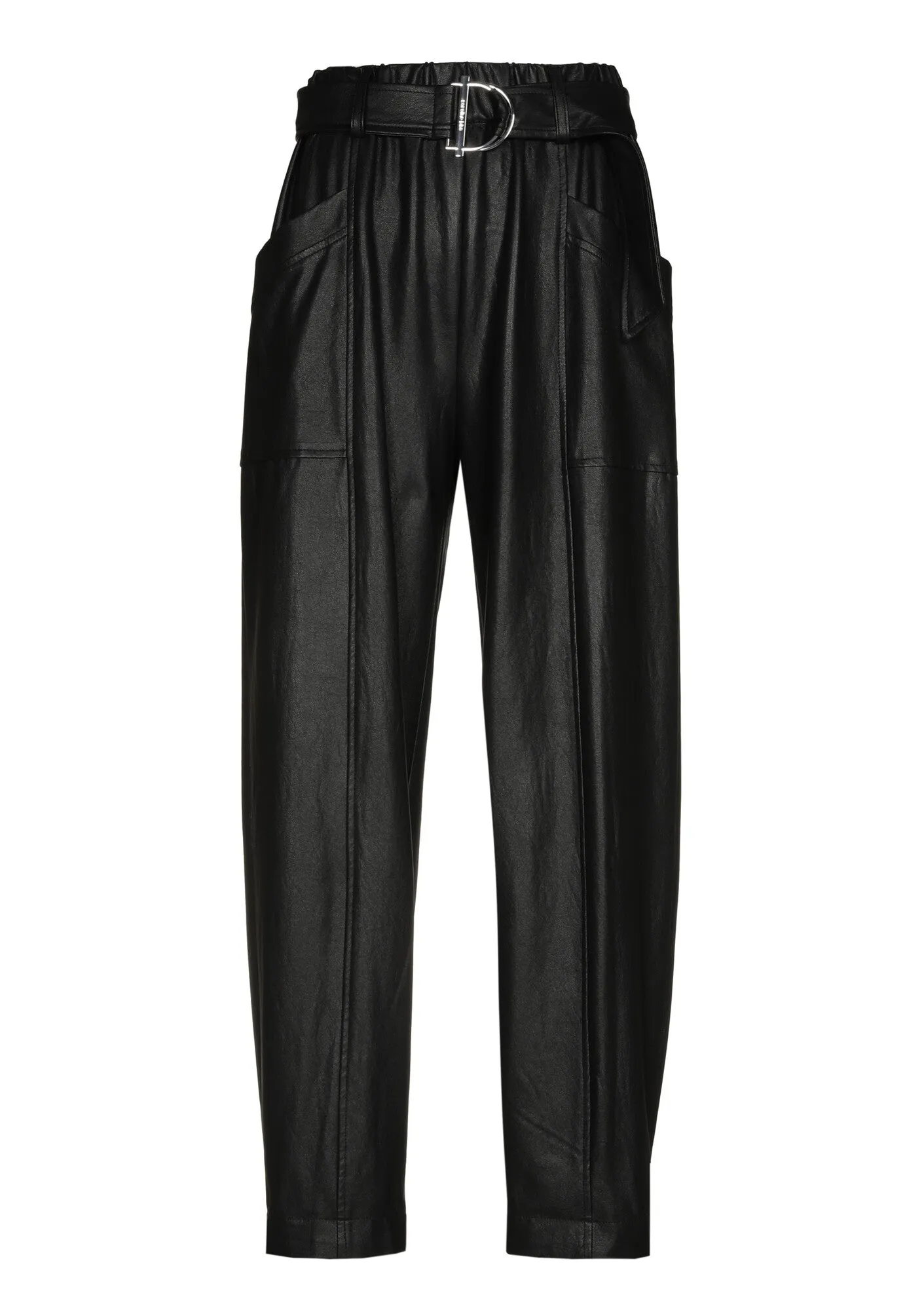 Caroline Biss BLACK CREASED LOOSE-FITTING ECO-LEATHER TROUSERS