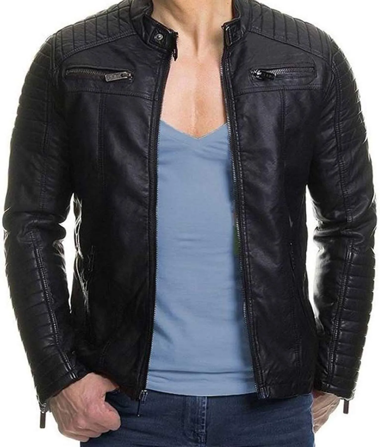 Casual Mens Padded Style Slimfit Black Leather Jacket - Abbraci