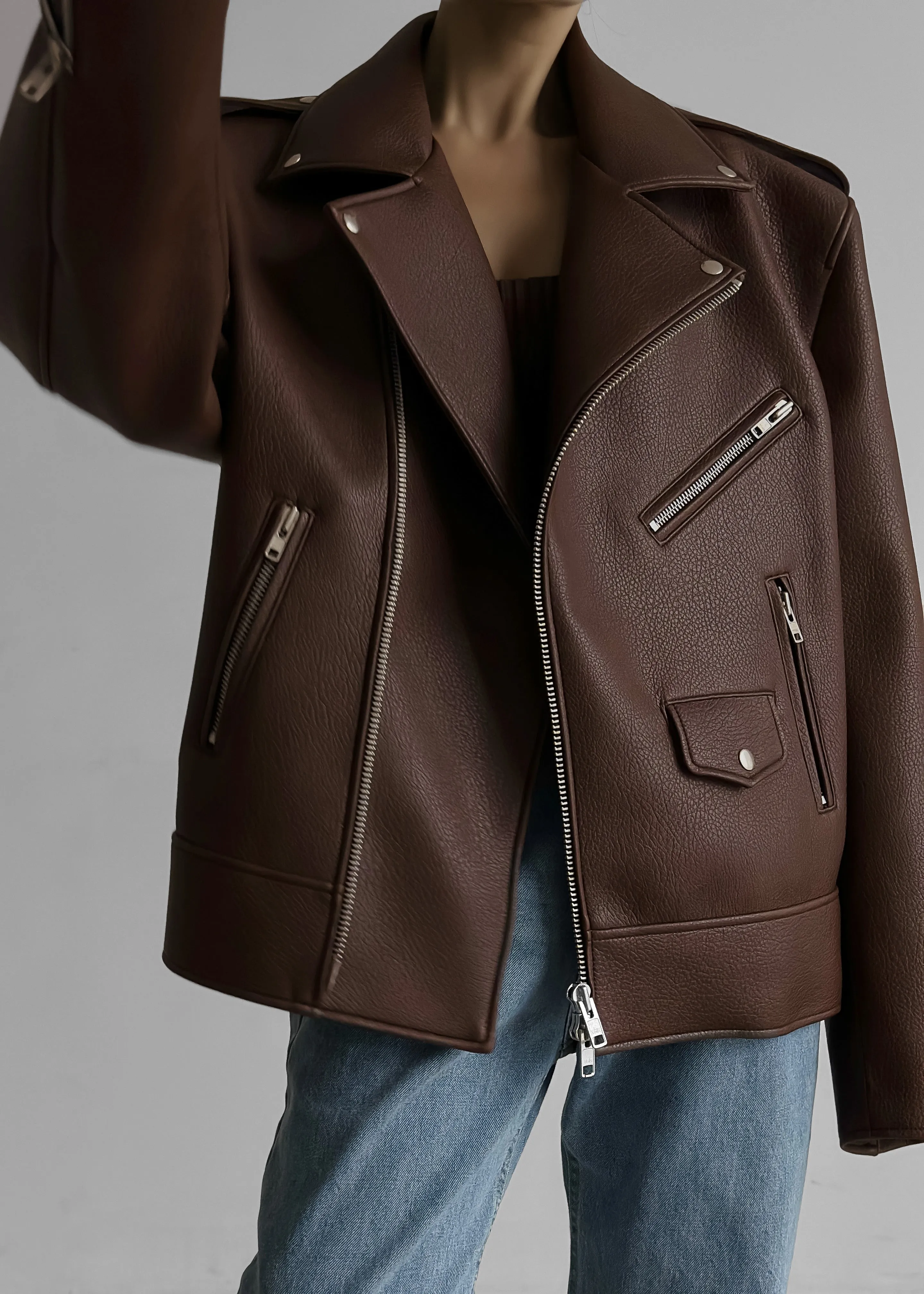 Chicago Oversized Biker Jacket - Brown