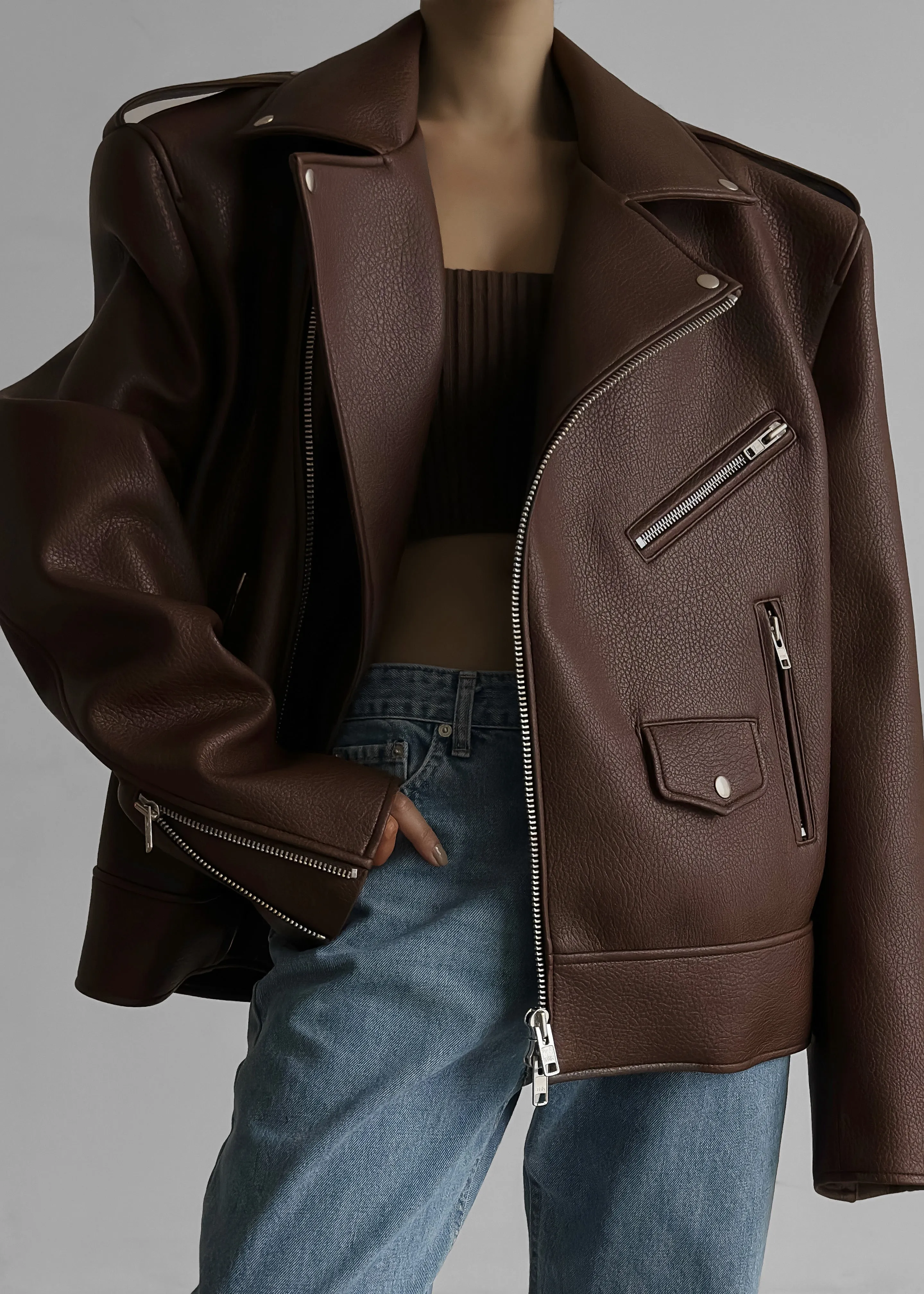 Chicago Oversized Biker Jacket - Brown