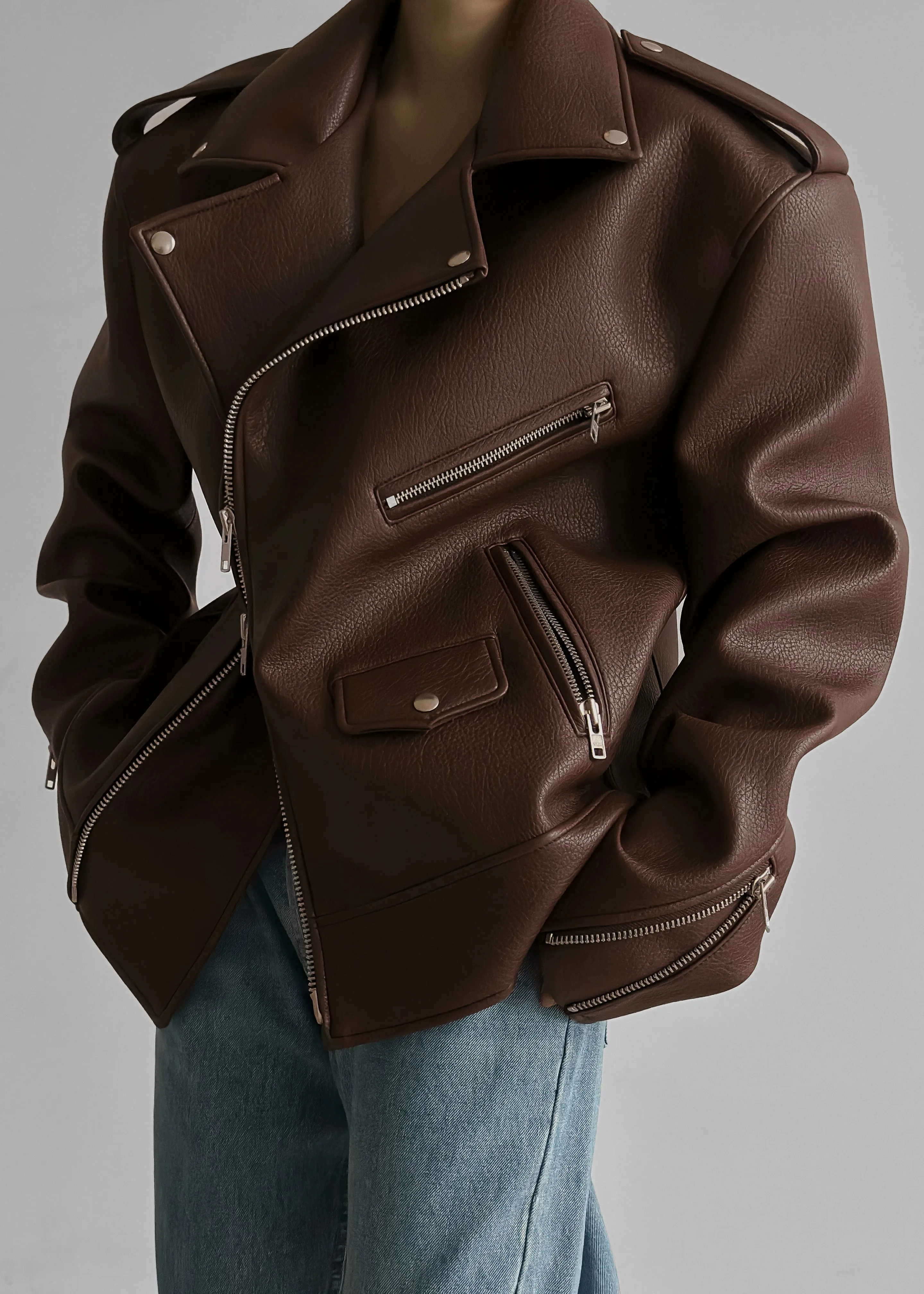 Chicago Oversized Biker Jacket - Brown