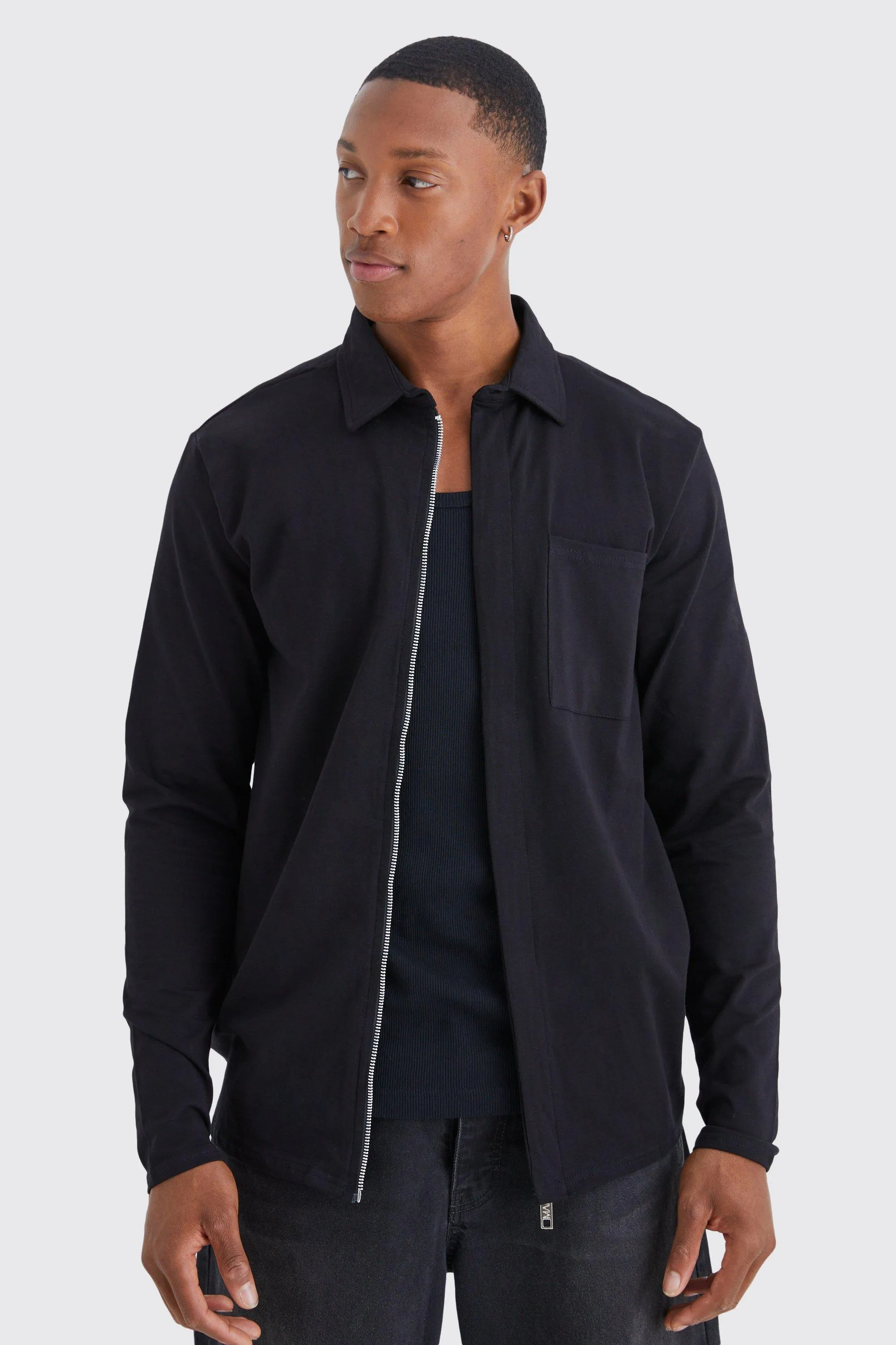 Concealed Placket Zip Through Jersey Knit Shirt Jacket