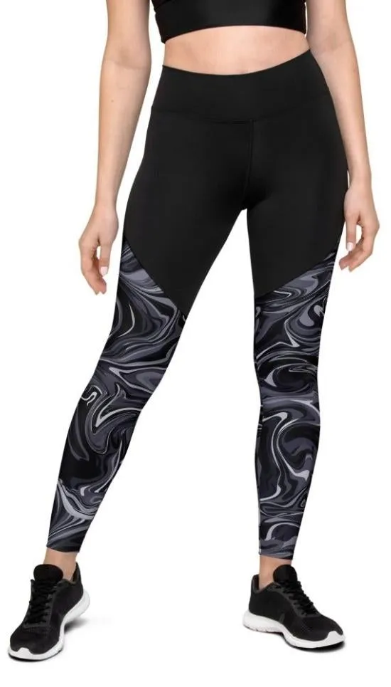 Dark Monochrome Marble Compression Leggings