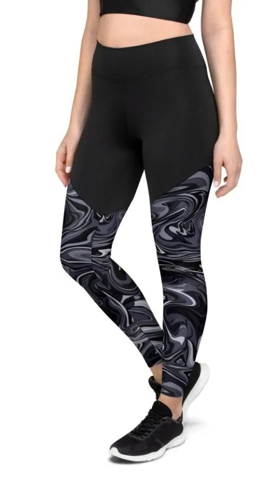 Dark Monochrome Marble Compression Leggings