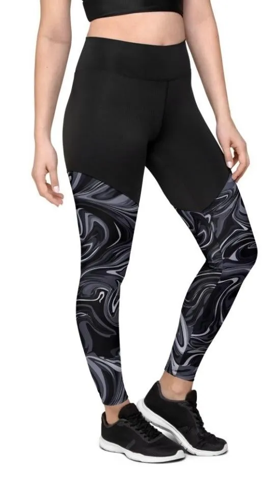 Dark Monochrome Marble Compression Leggings