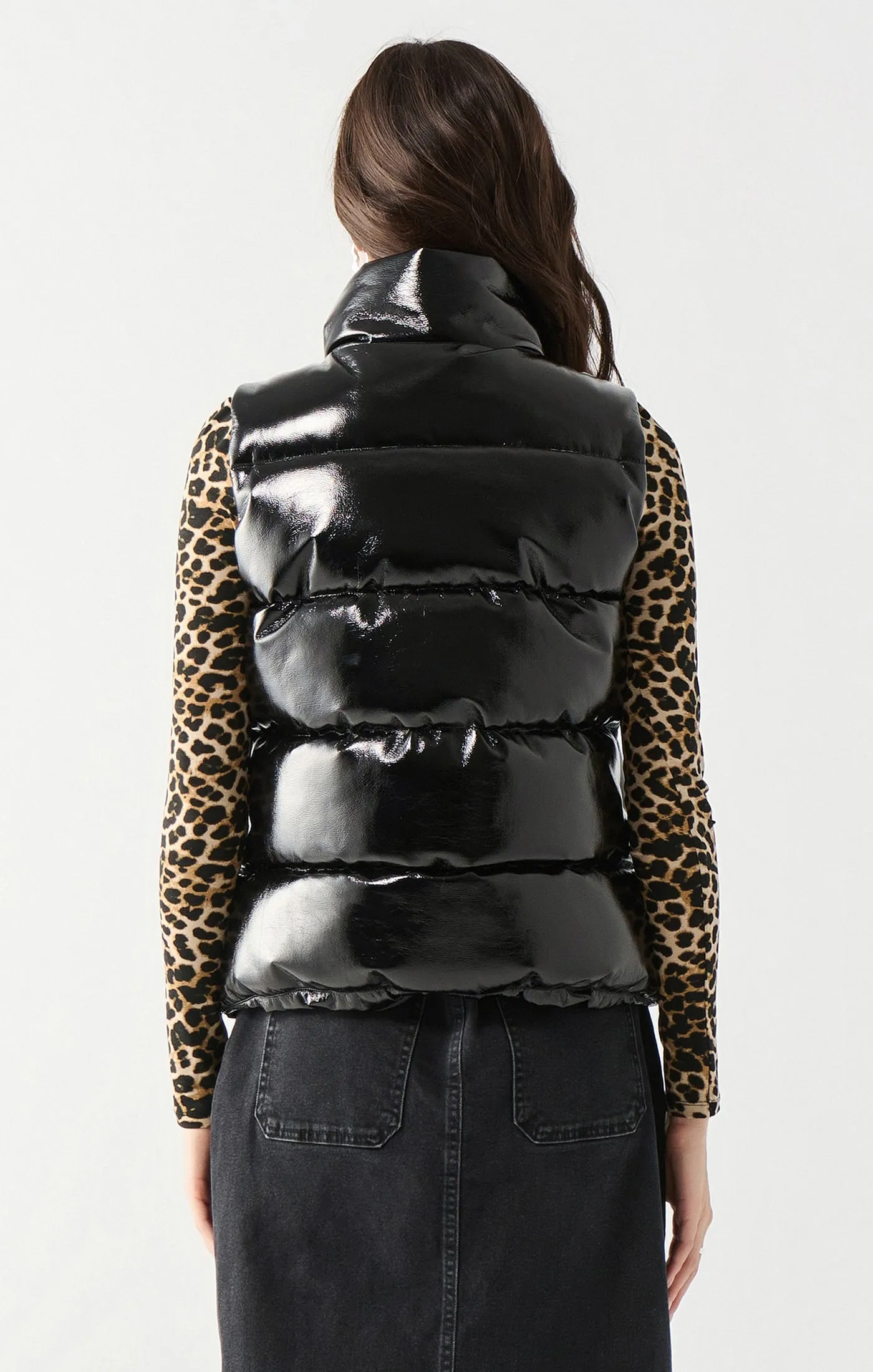 Dex Hooded Faux Leather Puffer Vest In Black