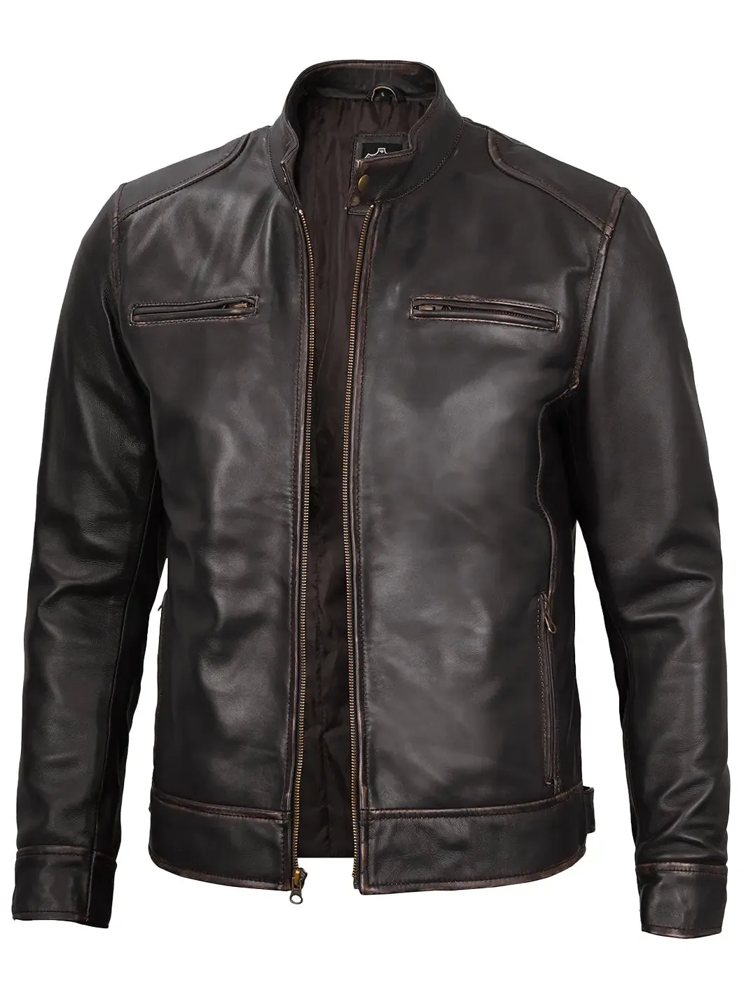 Dodge Mens Rub-off Dark Brown Leather Cafe Racer Jacket