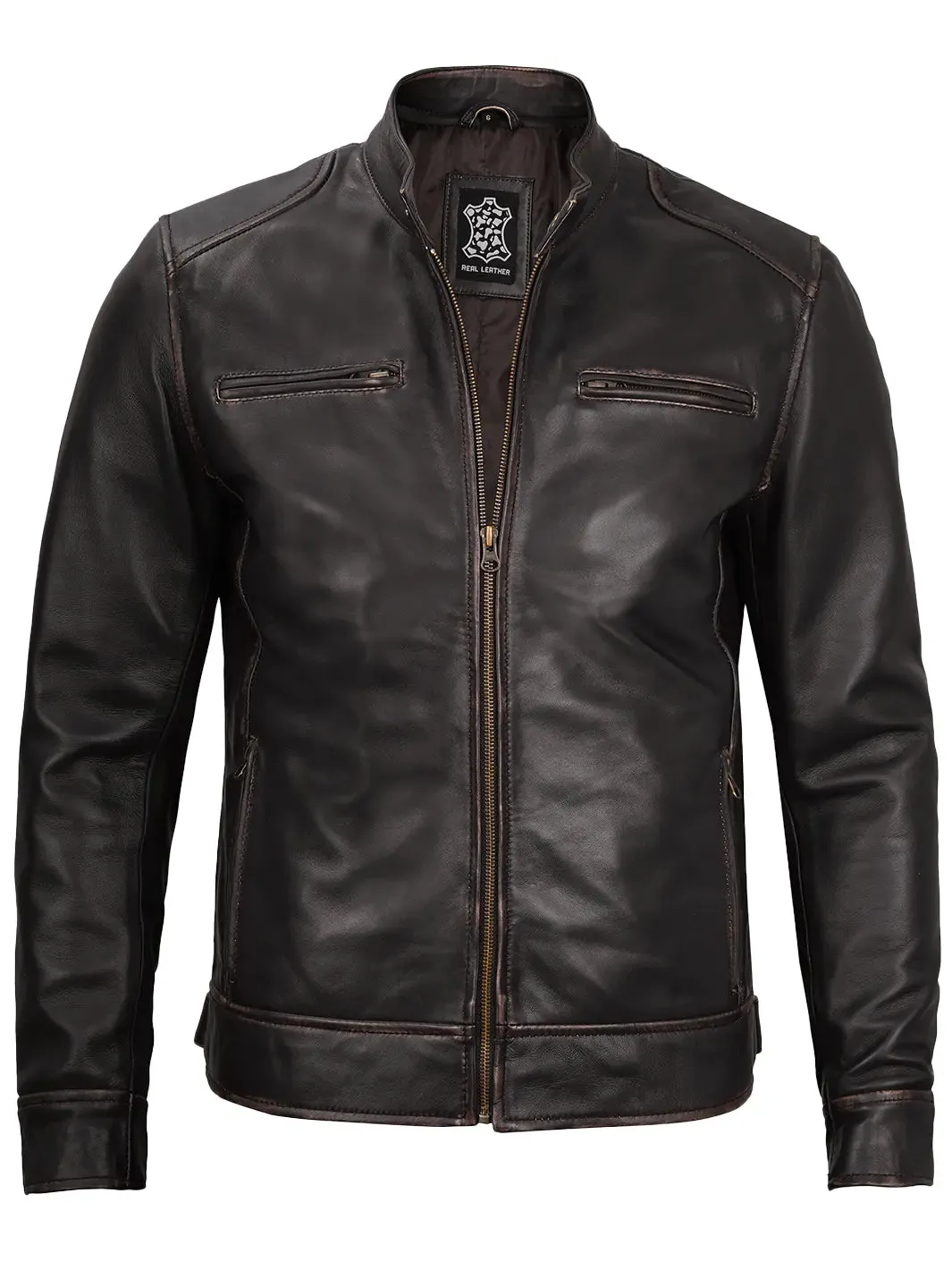 Dodge Mens Rub-off Dark Brown Leather Cafe Racer Jacket