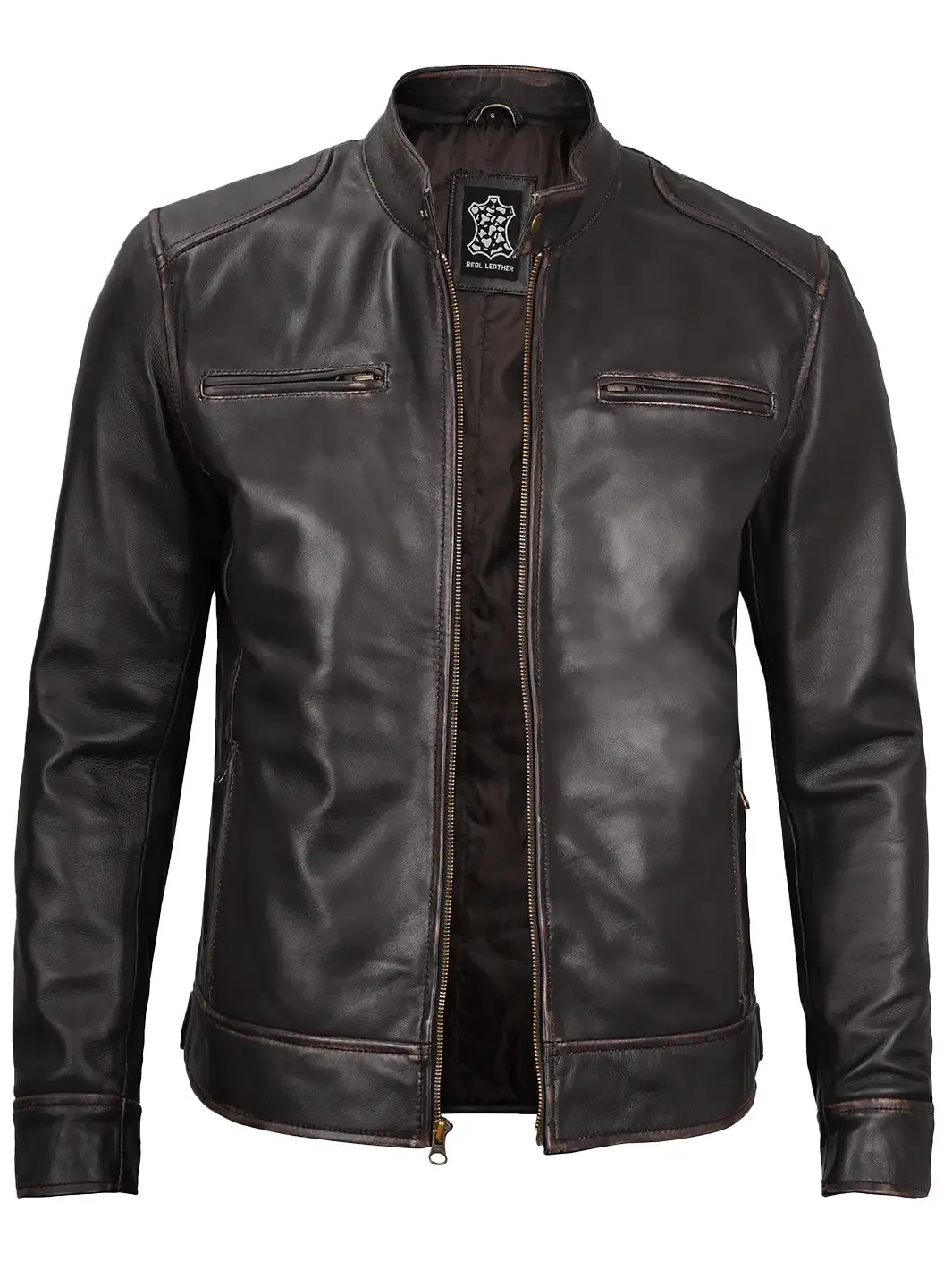 Dodge Mens Rub-off Dark Brown Leather Cafe Racer Jacket