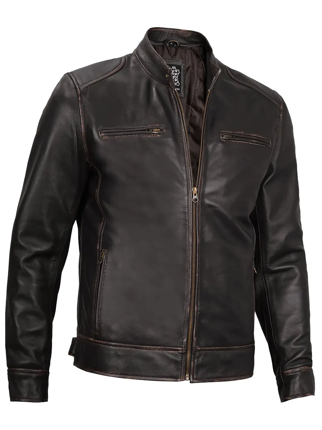 Dodge Mens Rub-off Dark Brown Leather Cafe Racer Jacket