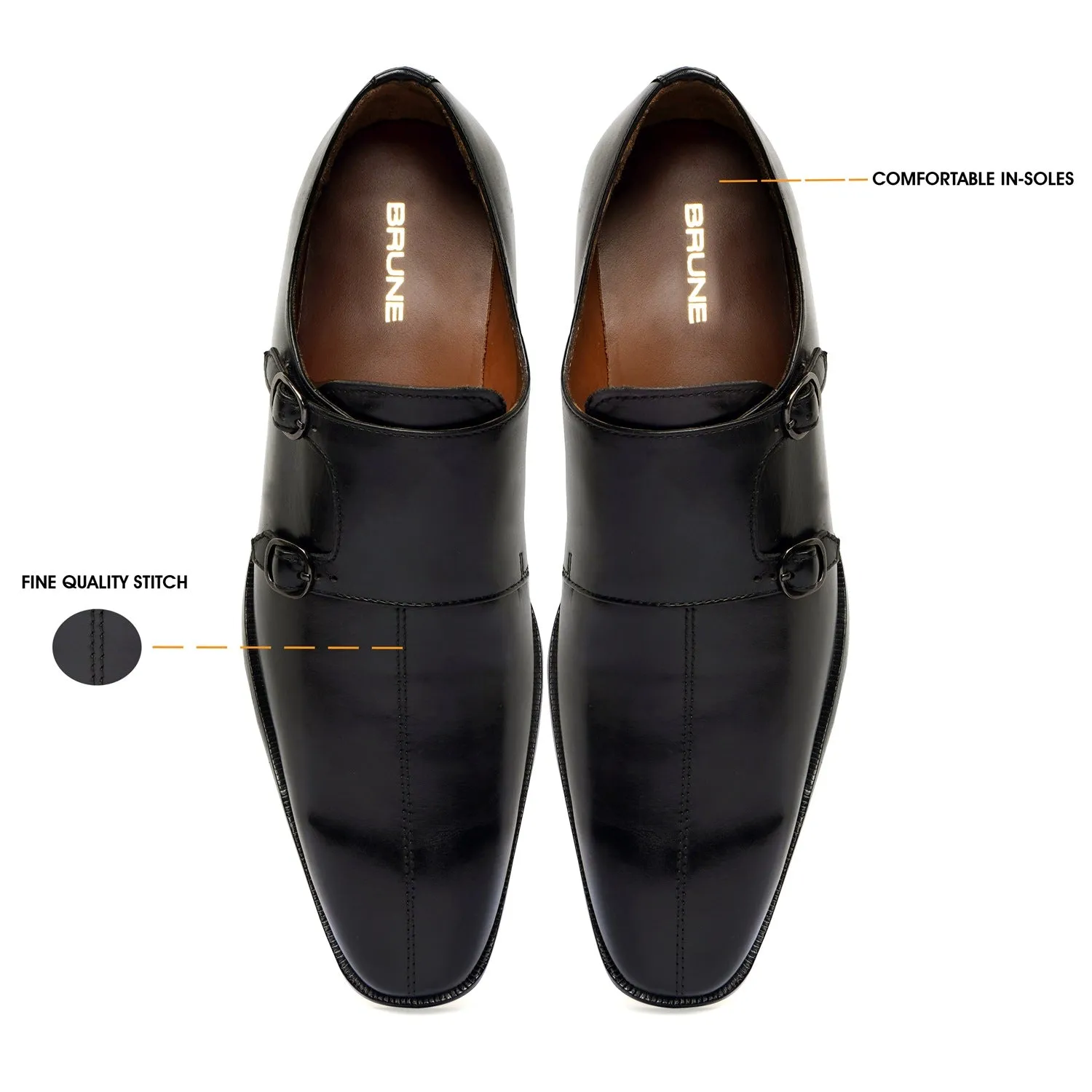 Double Monk Formal Slip-On Shoes in Genuine Black Leather