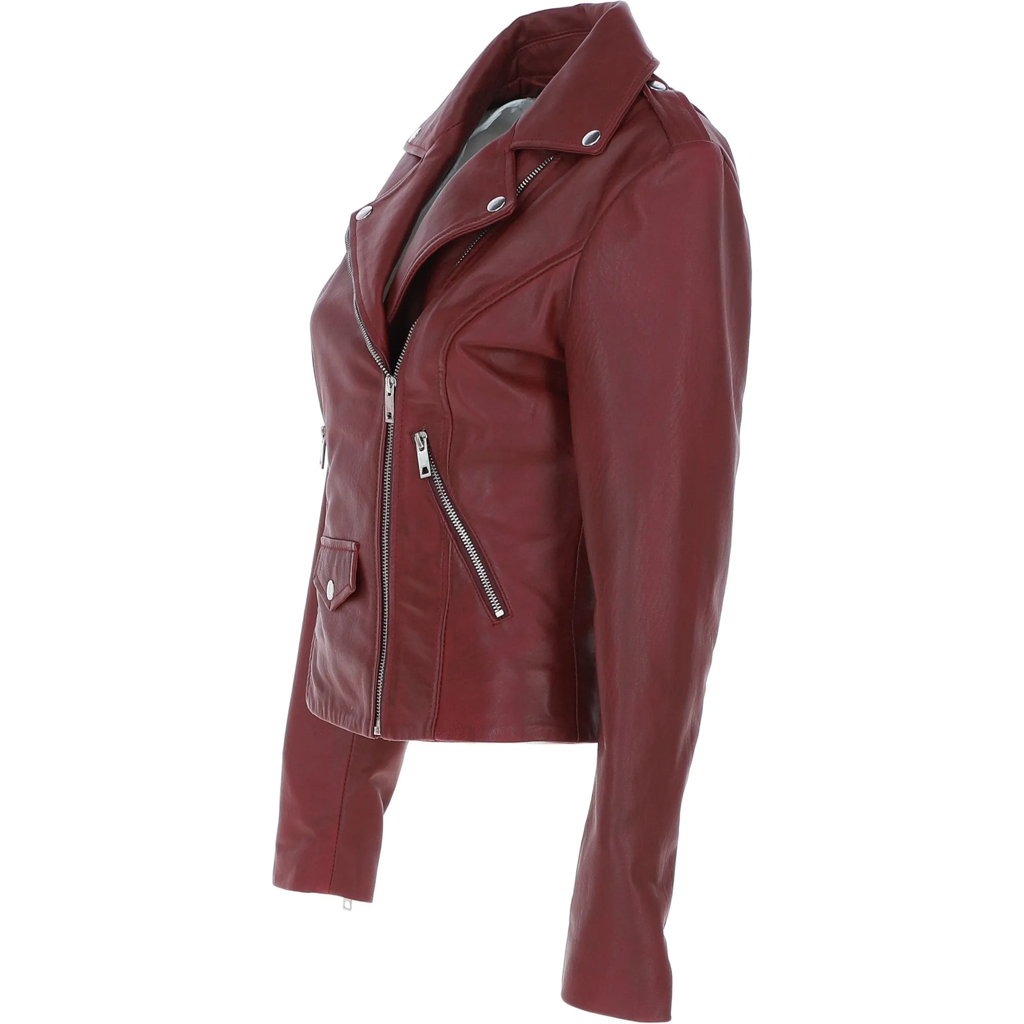 Exquisite Ashwood Leather Ladies Biker Jacket Burgundy: AWL-1881