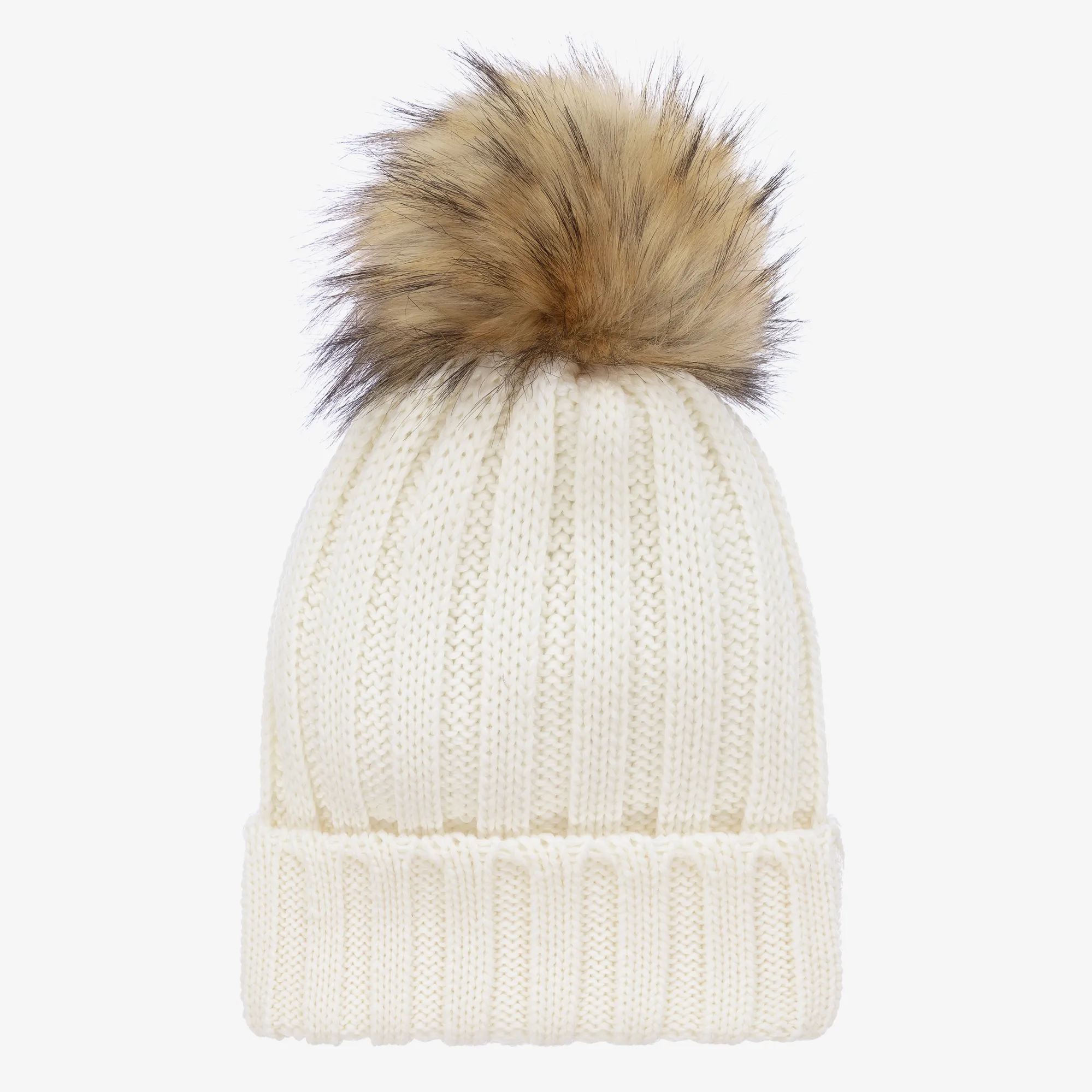 Girls Ivory Wool Knit Pom-Pom Hat