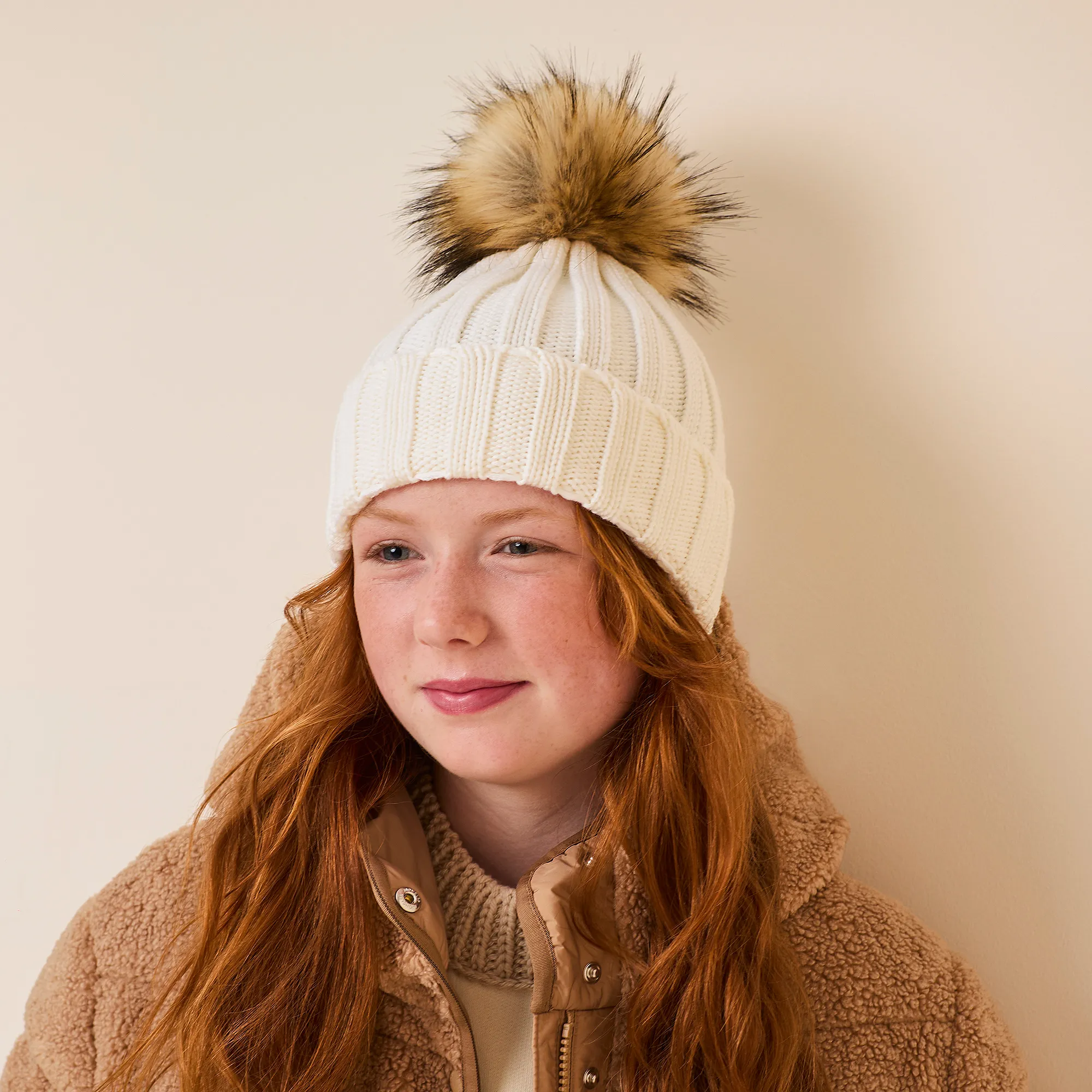 Girls Ivory Wool Knit Pom-Pom Hat