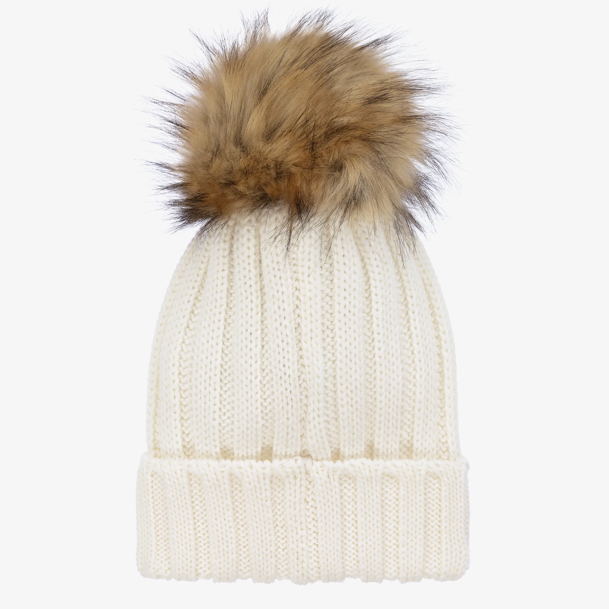 Girls Ivory Wool Knit Pom-Pom Hat