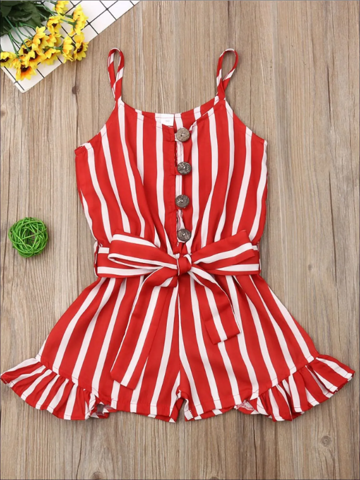 Girls Red Striped Ruffled Romper