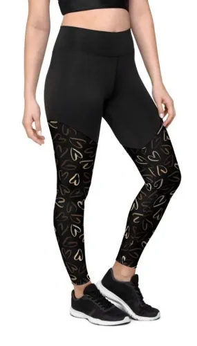 Golden Heart Print Compression Leggings