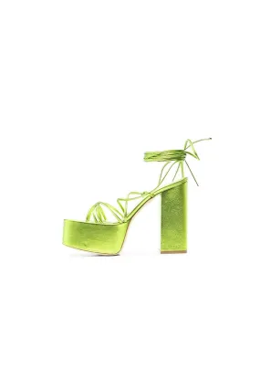 Green Lace Up Leather High Heel Platform Sandals