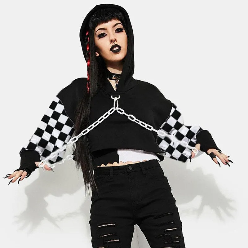 Grunge Chain Women Hoodies Cotton Hooded Sweatshirts Pullovers Streetwear Y2K Long Sleeve Loose Short Crop Top Plaid Tops