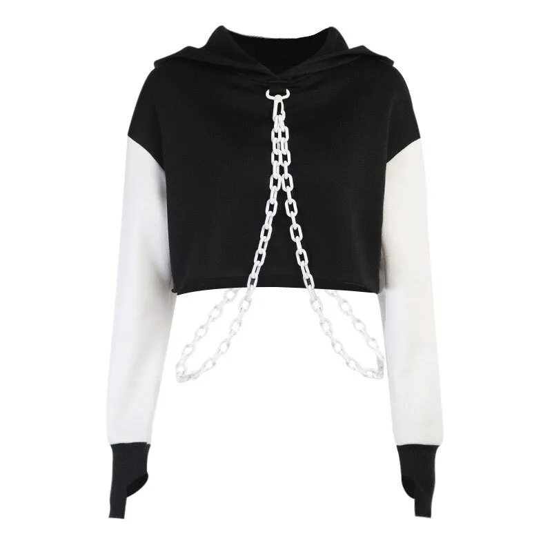 Grunge Chain Women Hoodies Cotton Hooded Sweatshirts Pullovers Streetwear Y2K Long Sleeve Loose Short Crop Top Plaid Tops