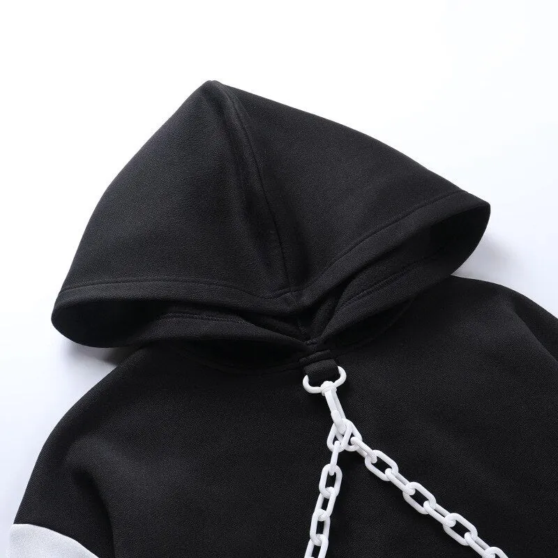 Grunge Chain Women Hoodies Cotton Hooded Sweatshirts Pullovers Streetwear Y2K Long Sleeve Loose Short Crop Top Plaid Tops