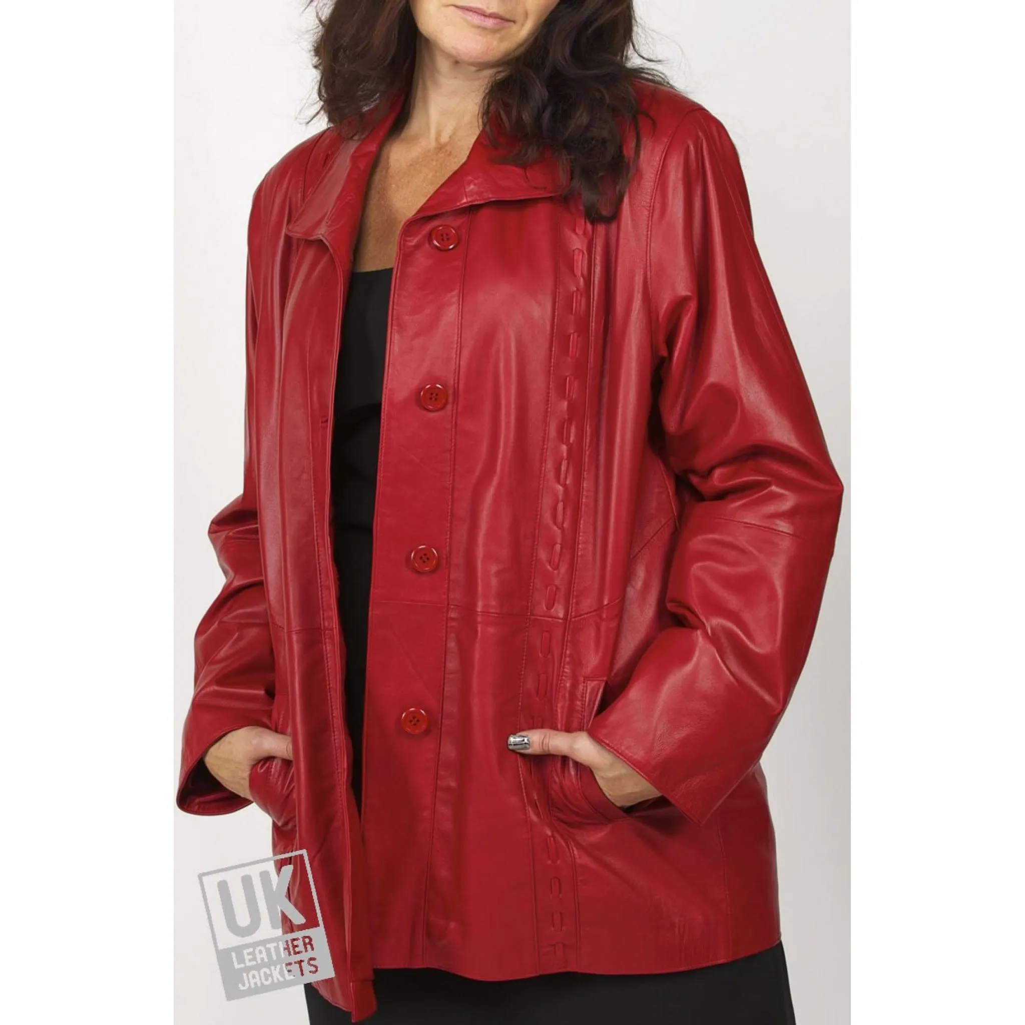 Ladies 3/4 Length Red Leather Jacket - Faith - Plus Size | Free UK Delivery