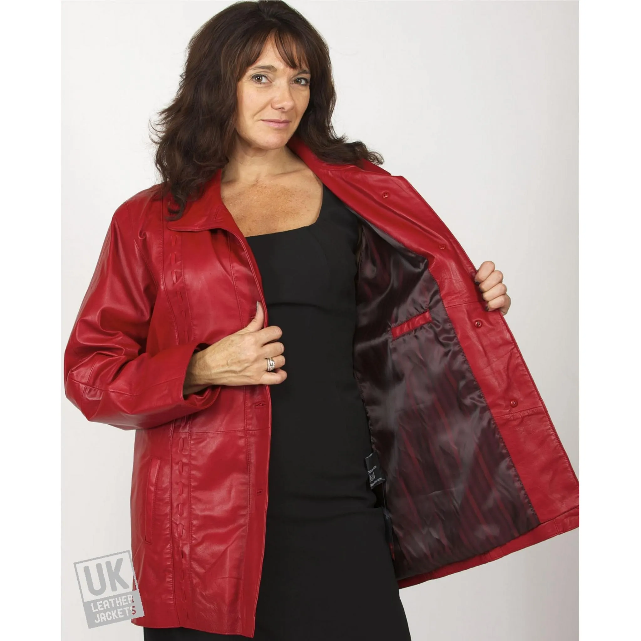 Ladies 3/4 Length Red Leather Jacket - Faith - Plus Size | Free UK Delivery