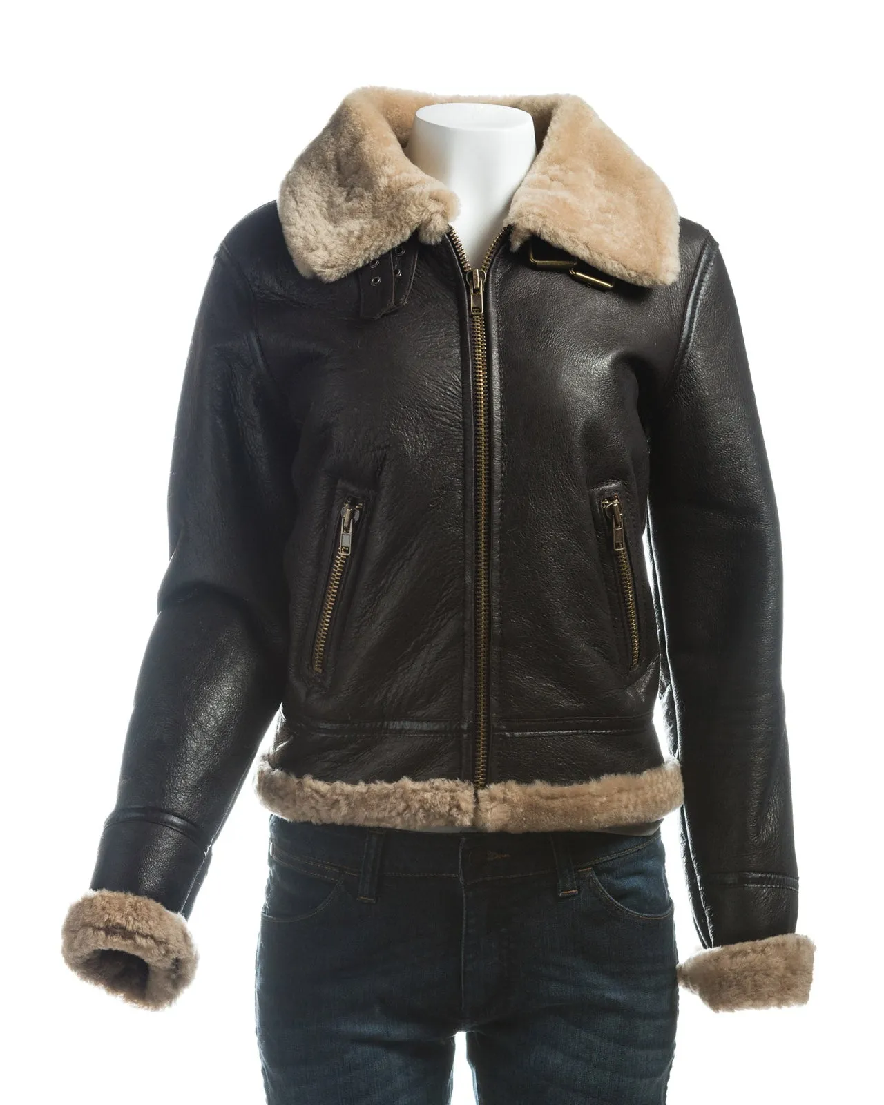 Ladies Brown and Beige Straight Zip Sheepskin Flight Jacket - Cornelia