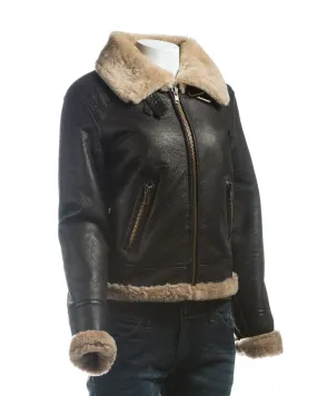 Ladies Brown and Beige Straight Zip Sheepskin Flight Jacket - Cornelia