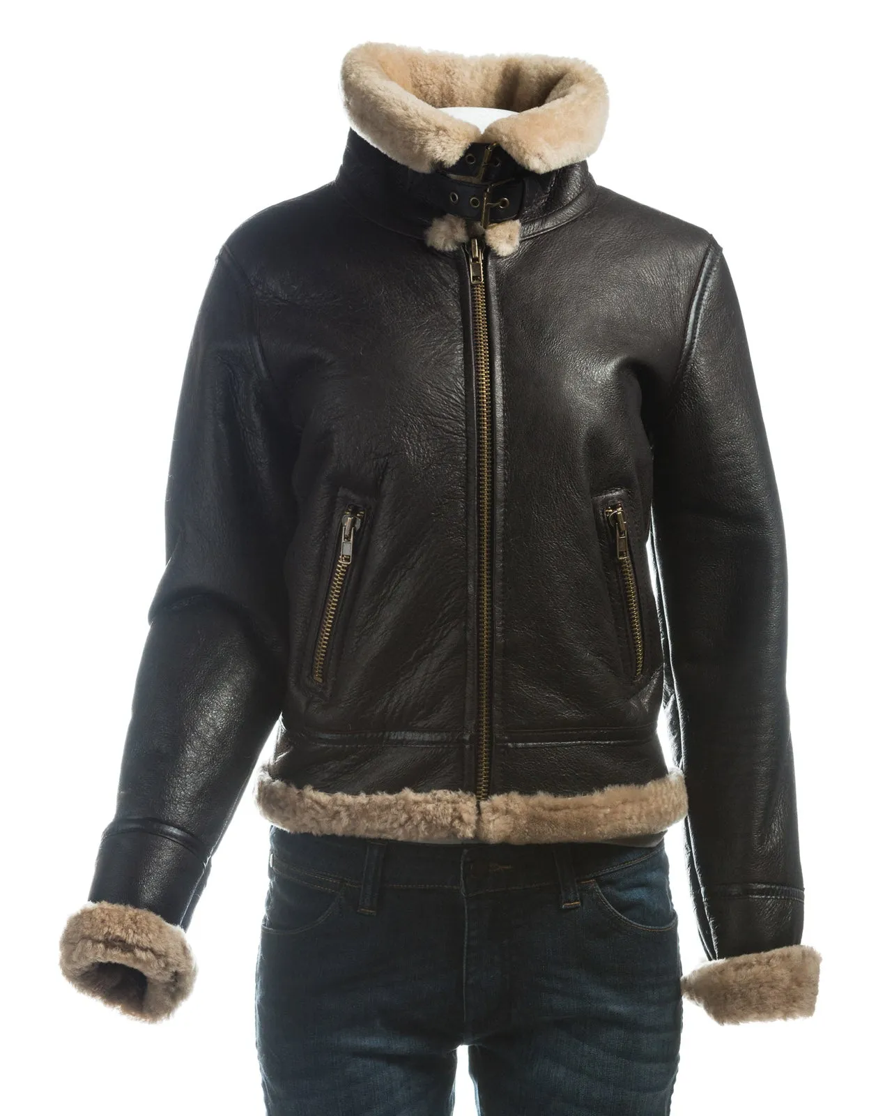 Ladies Brown and Beige Straight Zip Sheepskin Flight Jacket - Cornelia