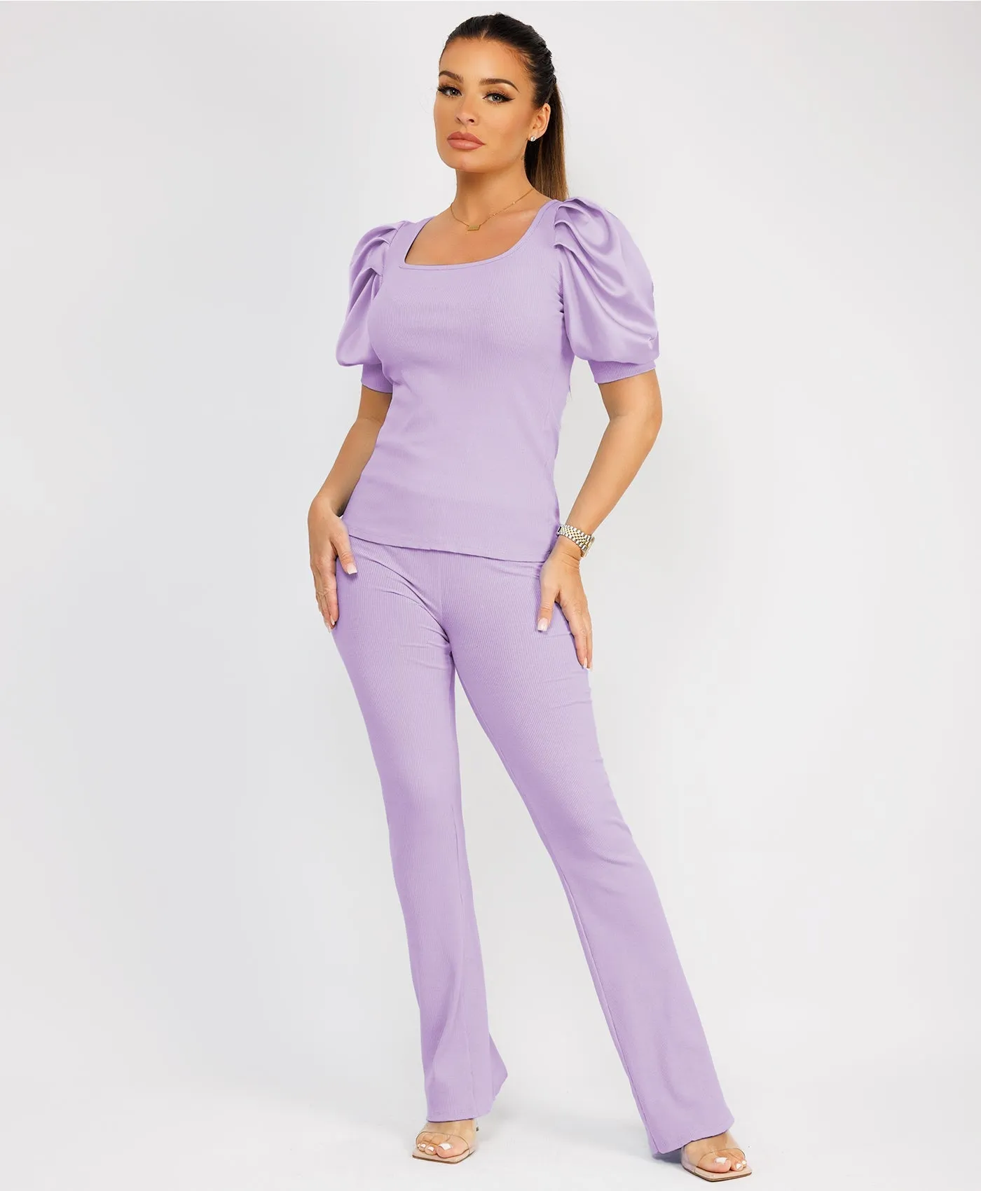 Lilac Satin Frill Puff Ribbed Top And Trousers Loungewear Set