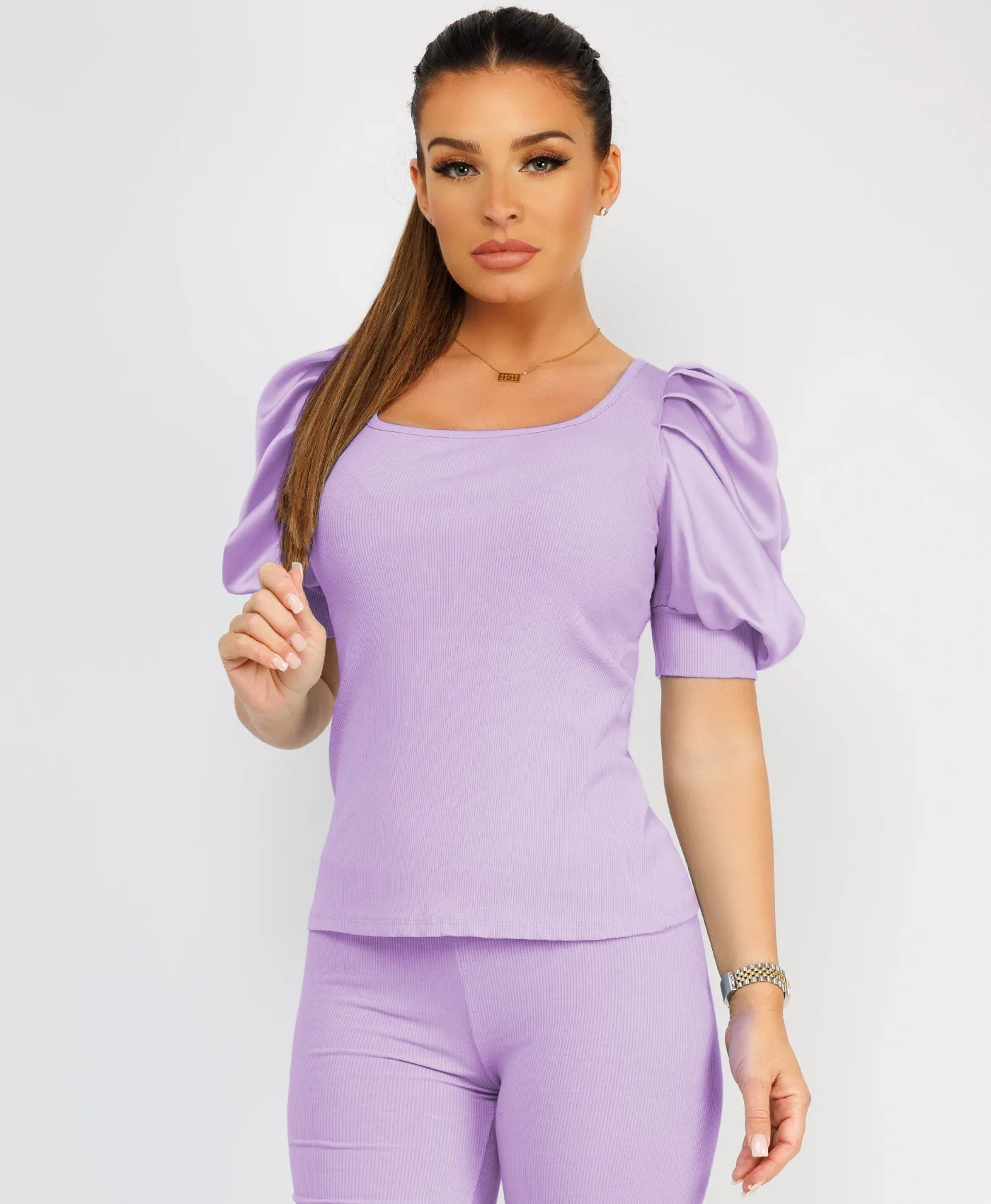 Lilac Satin Frill Puff Ribbed Top And Trousers Loungewear Set