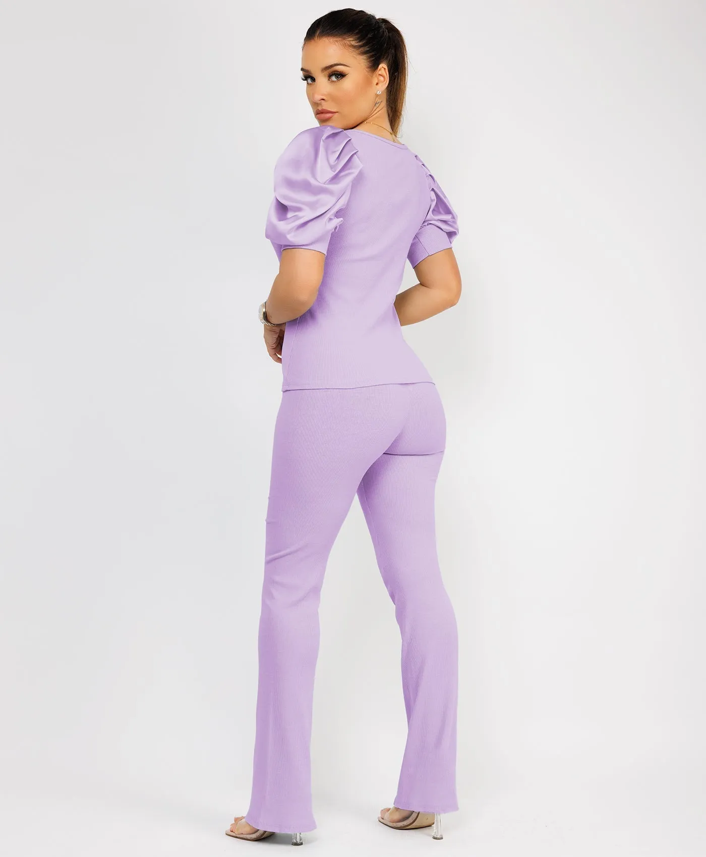 Lilac Satin Frill Puff Ribbed Top And Trousers Loungewear Set