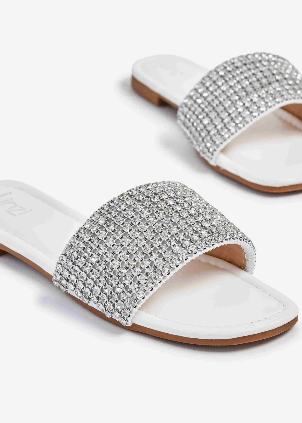 Linzi Shimmer White Faux Leather Diamante Slider Sandals