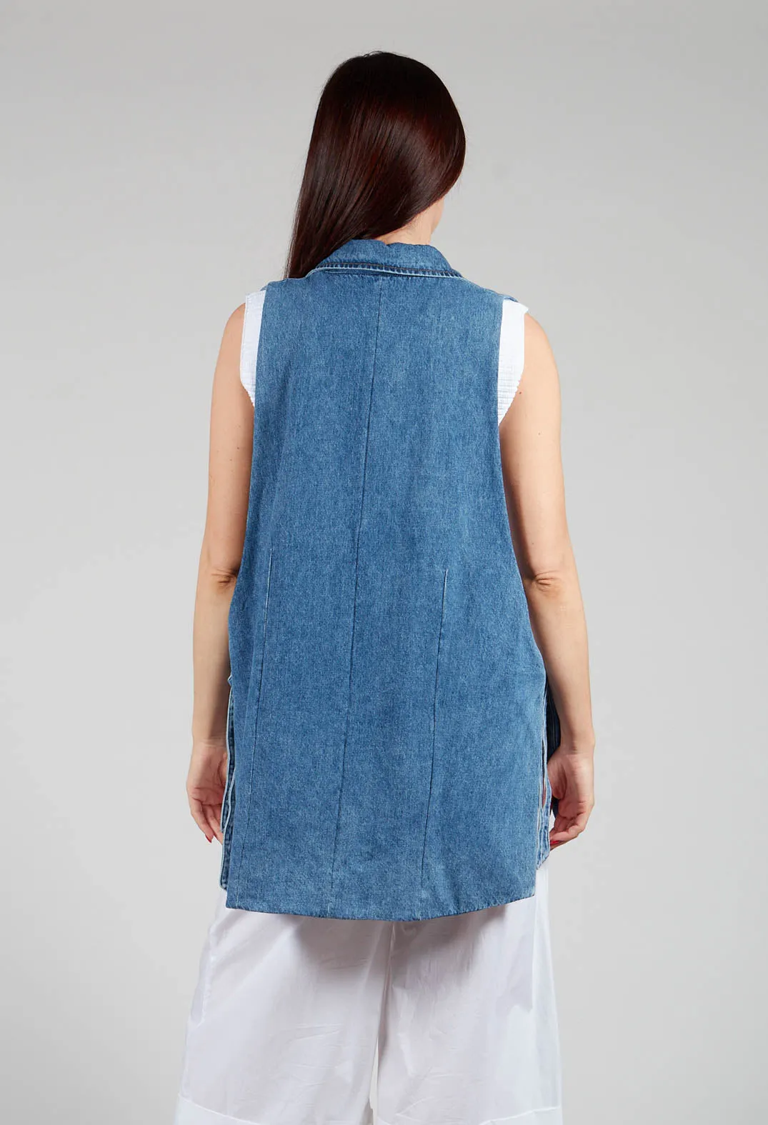 Longline Denim Waistcoat in Celeste